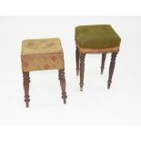 A VICTORIAN MAHOGANY STOOL, ON TURNED LEGS WITH NEEDLEWORK SEAT, 54CM H AND ANOTHER, SIMILAR