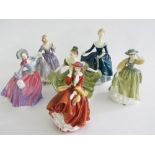 SIX ROYAL DOULTON BONE CHINA FIGURES OF YOUNG LADIES, VARIOUS SUBJECTS, VARIOUS SIZES, PRINTED MARKS