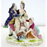 A SAMSON PORCELAIN GROUP OF THREE FIGURES, IN 18TH C MEISSEN STYLE, 25CM H, RED PAINTED SPURIOUS