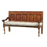 A GEORGE III OAK AND CROSSBANDED SETTLE, EARLY 19TH C, with five lozenge centred panels to the back,