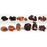 TWELVE JAPANESE WOOD NETSUKE, VARIOUS SIZES, 20TH C