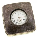 A GEORGE V SILVER AND LEATHER COVERED TIMEPIECE CASE, 8.5 CM W, BIRMINGHAM 1916, CONTAINING AN