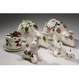 FIVE BOVEY POTTERY CO ANIMALS FOR PLICHTA, C1946-56, including an elephant jar and cover 22cm l,