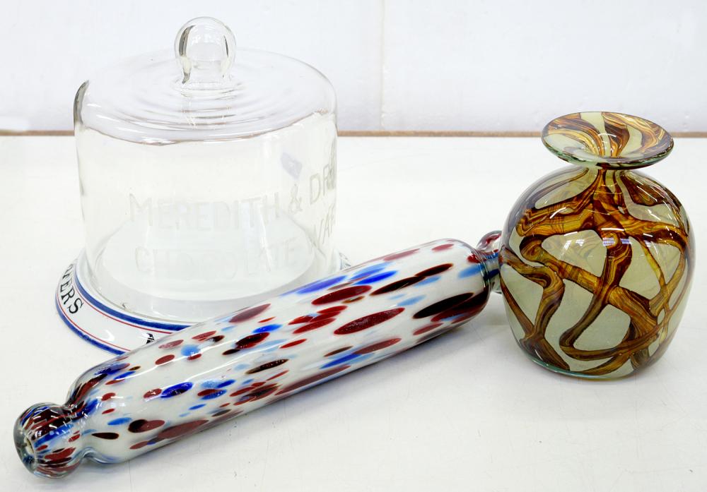 A VICTORIAN RED AND BLUE FLECKED GLASS ROLLING PIN OF NAILSEA TYPE, 36CM L, C1850, A MDINA GLASS