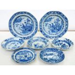 SEVEN CHINESE EXPORT BLUE AND WHITE PLATES AND DISHES, VARIOUS SIZES, LATE 18TH C