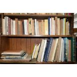 FIVE SHELVES OF MISCELLANEOUS BOOKS, INCLUDING HISTORY, LITERATURE, FRENCH LANGUAGE, ETC