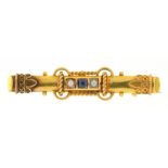 A VICTORIAN SAPPHIRE AND SPLIT PEARL BROOCH, IN GOLD, UNMARKED, 3G++LIGHT WEAR CONSISTENT WITH AGE