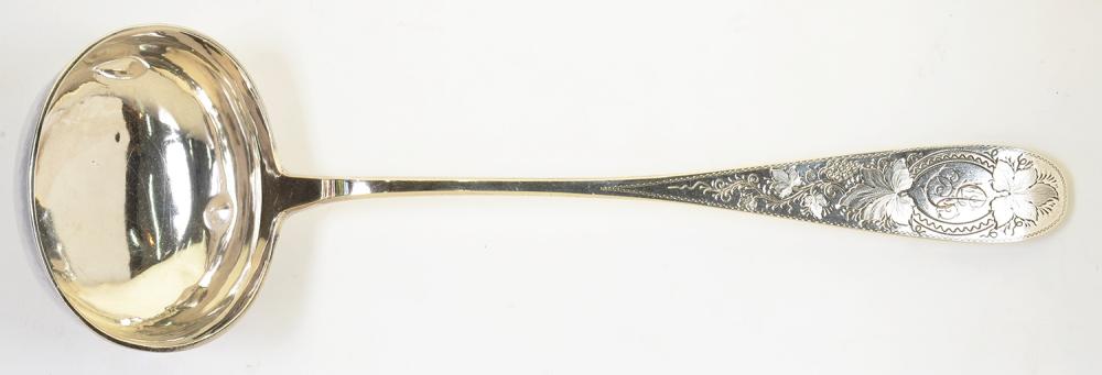 A GERMAN SILVER SOUP LADLE, 33 CM L, MARKED 800 SPILLE, C1900, 5OZS 10DWTS++DENTED