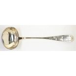 A GERMAN SILVER SOUP LADLE, 33 CM L, MARKED 800 SPILLE, C1900, 5OZS 10DWTS++DENTED