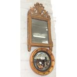 AN EARLY VICTORIAN GILTWOOD AND COMPOSITION MIRROR WITH BEVELLED PLATE, 59 X 33CM AND A REPRODUCTION