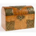 A VICTORIAN SPALTED ASH STATIONERY BOX WITH COFFERED LID, MOUNTED WITH PIERCED BRASS STRAPWORK, 23CM
