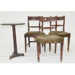 A VICTORIAN INLAID MAHOGANY OCCASIONAL TABLE, 72CM H, A PAIR OF MAHOGANY DINING CHAIRS ON TURNED