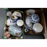 MISCELLANEOUS CERAMICS, INCLUDING A FAMILLE ROSE STYLE JARDINIERE, MASON'S BOWL, DELFT VASE, ETC