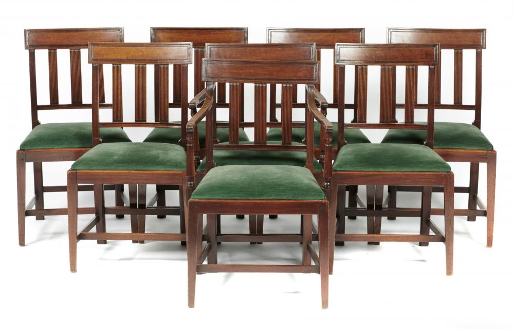 A SET OF EIGHT GEORGE IV MAHOGANY DINING CHAIRS, C1830, of reeded design, the set including a pair