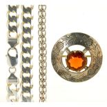 A CELTIC SILVER BROOCH, A SILVER CURB CHAIN AND A SILVER BRACELET, 115G++LIGHT WEAR CONSISTENT