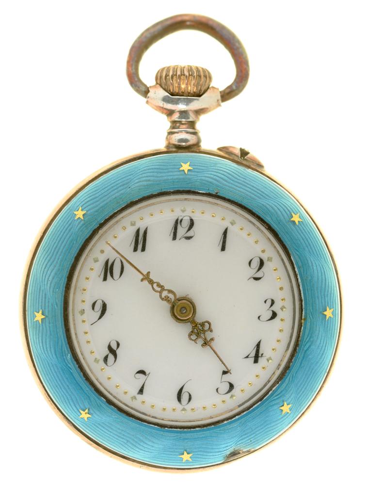 A SWISS SILVER AND GILT LADY'S POCKET WATCH, TURQUOISE ENAMELLED CASE WITH GOLD STAR MOTIFS, 2.8CM