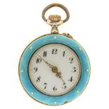 A SWISS SILVER AND GILT LADY'S POCKET WATCH, TURQUOISE ENAMELLED CASE WITH GOLD STAR MOTIFS, 2.8CM
