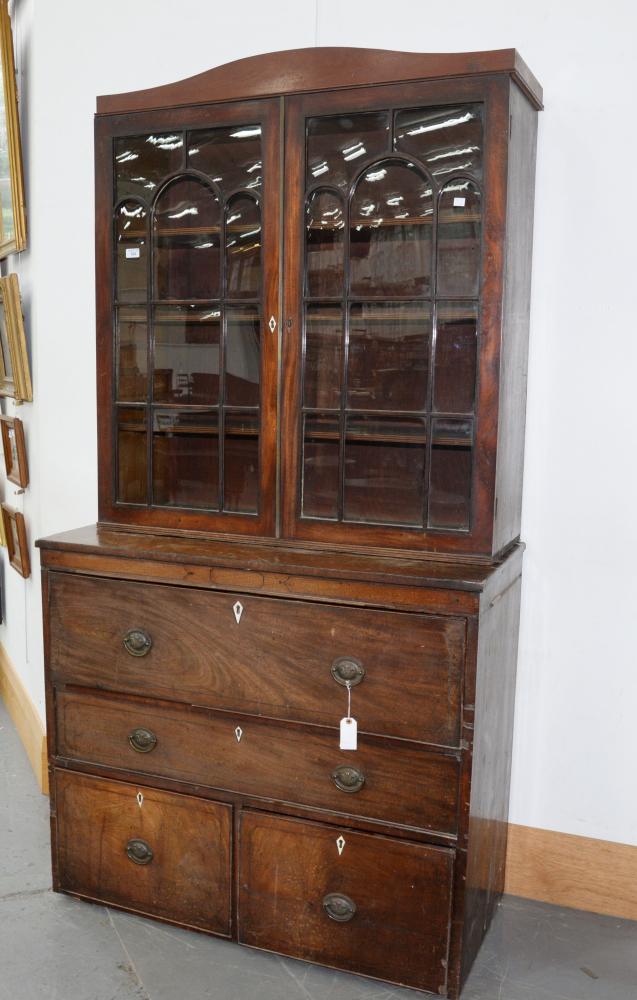 A GEORGE III INLAID MAHOGANY SECRETAIRE BOOKCASE, THE BRASS HANDLES DECORATED WITH THE PRINCE OF