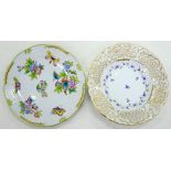 TWO HEREND PLATES, ONE WITH RETICULATED GILT BORDER, THE OTHER WITH OSIER MOULDED BORDER,