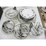 A SHELLEY BONE CHINA TEA SERVICE, DECORATED WITH ROSES, BLACK DENTIL RIMS AND HANDLES, THE SERVICE