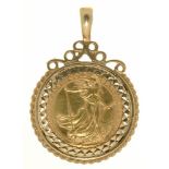 GOLD COIN. UNITED KINGDOM £25, BRITANNIA, IN 9CT GOLD PENDANT, 12.5G++LIGHT WEAR CONSISTENT WITH