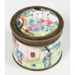A CANTON PAINTED ENAMEL CYLINDRICAL BOX AND COVER, 3CM H, 19TH C, ENAMEL ON LID CHIPPED