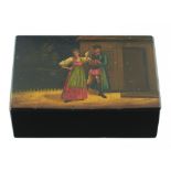 A RUSSIAN LACQUERED PAPIER MÂCHÉ BOX, VISHNYAKOV WORKSHOP, C1890, the lid painted with a woman and