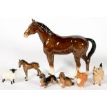 SEVEN BESWICK AND ROYAL DOULTON ANIMALS, INCLUDING HORSE, FOAL, CORGIS, DASCHUND, ETC