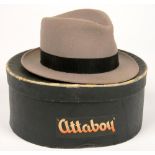 MILLINERY. AN UNUSUAL MINIATURE GREY FELT TRILBY HAT IN ORIGINAL BOX, WITH TRADE LABEL ATTABOY,