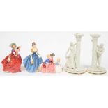 A ROYAL DOULTON BONE CHINA GROUP OF THE BEDTIME STORY, TWO ROYAL DOULTON FIGURES OF LADIES AND A