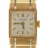 A LONGINES MID CENTURY 9CT GOLD LADY'S WRISTWATCH ON 9CT GOLD INTEGRAL BRACELET, CASED++RUNNING,