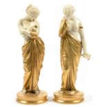 A PAIR OF ROYAL WORCESTER OLD IVORY AND GILT FIGURES OF JOY AND SORROW, 24CM H, PUCE PRINTED MARK,