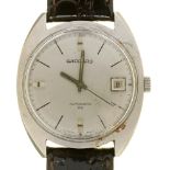 A GARRARD AUTOMATIC 25 STAINLESS STEEL GENTLEMAN'S WRISTWATCH, LEATHER STRAP, TONNEAU CASE 3.4 CM