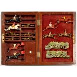 A PAINTED LEAD ALLOY HORSE RACING GAME IN A CONTEMPORARY MAHOGANY BOX, EARLY 20TH C