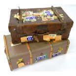 VINTAGE LUGGAGE. A TAN LEATHER SUITCASE, EARLY 20TH C, 33CM H; 83 X 55CM AND A LATER CABIN TRUNK