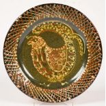 STUDIO POTTERY. A W. H. HARGREAVES SLIPWARE DISH WITH TRELLIS BORDER, 33CM D, INCISED SIGNATURE,