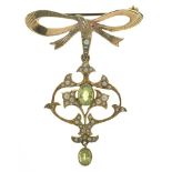 A PERIDOT AND SPLIT PEARL BOW BROOCH IN 9CT GOLD, BIRMINGHAM 1968++AN ART NOUVEAU PENDANT ADAPTED