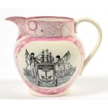A SUNDERLAND PINK MARBLED LUSTRE JUG, PRINTED IN BLACK WITH THE MARINERS ARMS AND VERSE, 15CM H,