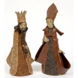 STUDIO POTTERY. TWO HAND BUILT STONEWARE FIGURES OF A KING AND BISHOP, 33CM H AND SMALLER, C1970 /