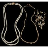 A DOUBLE ROW PEARL NECKLACE WITH A PEARL SET 9CT GOLD CLASP, AN IMITATION PEARL NECKLACE WITH A GOLD