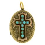 A VICTORIAN TURQUOISE CROSS LOCKET, IN GOLD, UNMARKED, 3.5 X 2.2 CM APPROX, INCLUDING BAIL, 8G++