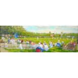 AFTER JOHN HASKINS, THE CRICKET MATCH, REPRODUCTION OIL PAINTING, 35 X 98CM