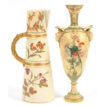 A ROYAL WORCESTER VASE WITH MASK HANDLES, PRINTED AND PAINTED WITH WILD FLOWERS, 26.5CM H AND A