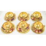 A SET OF SIX AYNSLEY FRUIT DECORATED TEACUPS AND SAUCERS