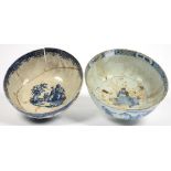 A CHINESE BLUE AND WHITE PUNCH BOWL, 28.5CM D, 18TH C AND AN ENGLISH PEARLWARE BOWL PAINTED IN BLUE,