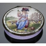 A GEORGE III SOUTH STAFFORDSHIRE ENAMEL PATCH BOX, C1780 the lid printed and painted with Autumn