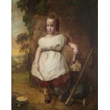 VICTORIAN SCHOOL PORTRAIT OF A CHILD WITH A TOY HORSE oil on canvas, 91 x 71cm, unframed