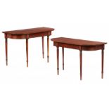A PAIR OF MAHOGANY SIDE TABLES, EARLY 19TH C AND LATER on ring turned tapering legs, 72cm h; 51 x