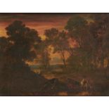 AMBROSE BOWDEN JOHNS (1776-1858) DROVERS AND CATTLE AT SUNSET oil on panel, 20.5 x