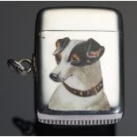 A VICTORIAN SILVER AND ENAMEL VESTA CASE the front with the head of a Jack Russell TERRIER, the